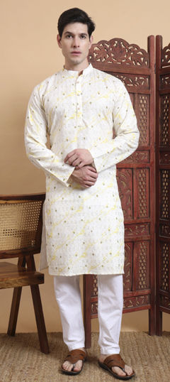 Beige and Brown color Kurta Pyjamas in Cotton fabric with Embroidered, Printed work