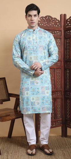 Blue color Kurta Pyjamas in Cotton fabric with Embroidered, Printed work
