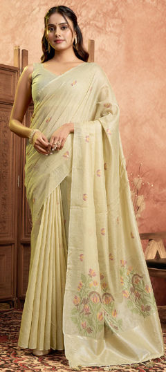 Beige and Brown color Saree in Cotton fabric with Weaving work