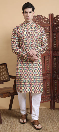 Multicolor color Kurta Pyjamas in Cotton fabric with Embroidered, Printed work