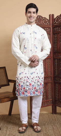 White and Off White color Kurta Pyjamas in Cotton fabric with Embroidered, Printed work