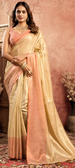 Beige and Brown color Saree in Tissue fabric with Thread work