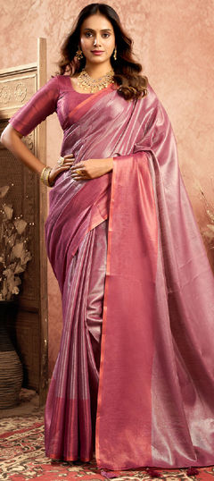 Pink and Majenta color Saree in Tissue fabric with Thread work
