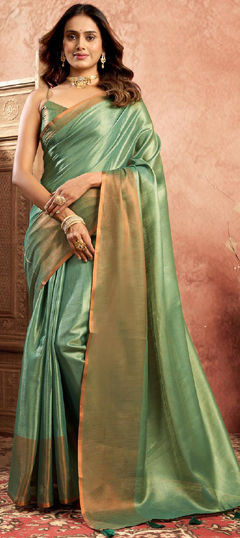 Green color Saree in Tissue fabric with Thread work