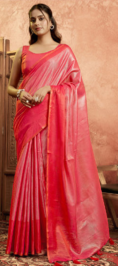 Pink and Majenta color Saree in Tissue fabric with Thread work