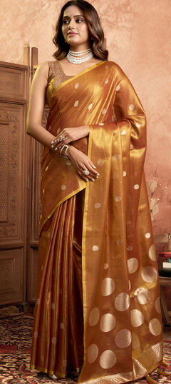 Beige and Brown color Saree in Tissue fabric with Weaving work