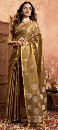 Gold color Saree in Tissue fabric with Weaving work