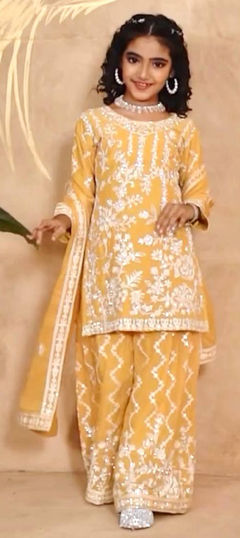 Yellow color Kids Salwar in Faux Georgette fabric with Sequence, Thread work