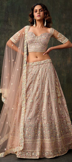 Pink and Majenta color Lehenga in Net fabric with Bugle Beads, Embroidered, Sequence, Stone, Thread work