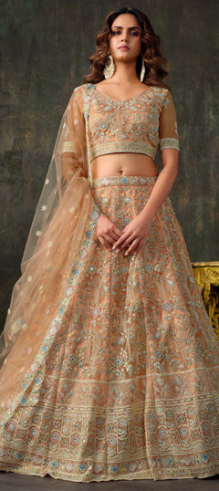 Pink and Majenta color Lehenga in Net fabric with Bugle Beads, Embroidered, Sequence, Stone, Thread work