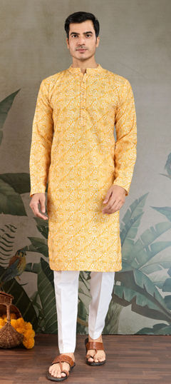 Yellow color Kurta Pyjamas in Cotton fabric with Embroidered, Printed work
