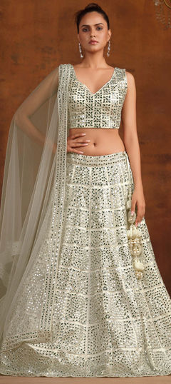 White and Off White color Lehenga in Net fabric with Bugle Beads, Embroidered, Sequence, Stone, Thread work