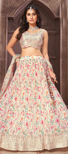 White and Off White color Ready to Wear Lehenga in Georgette fabric with Embroidered, Floral, Printed, Sequence work