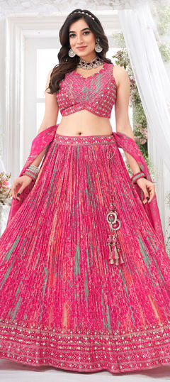 Pink and Majenta color Ready to Wear Lehenga in Chinon Silk fabric with Mirror, Printed, Sequence work
