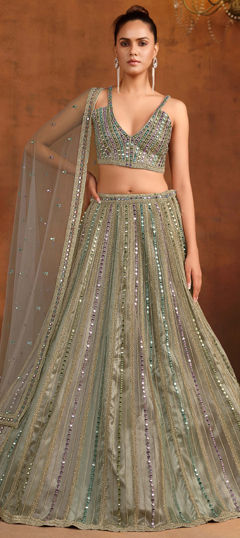 Black and Grey color Lehenga in Net fabric with Bugle Beads, Embroidered, Sequence, Stone, Thread work