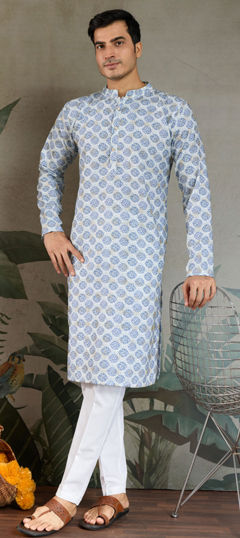 Blue color Kurta Pyjamas in Cotton fabric with Embroidered, Printed work