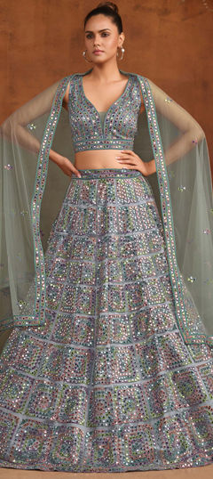 Blue color Lehenga in Net fabric with Bugle Beads, Embroidered, Sequence, Stone, Thread work