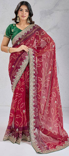 Red and Maroon color Saree in Georgette fabric with Bandhej, Embroidered, Printed work