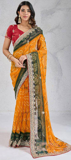 Yellow color Saree in Georgette fabric with Bandhej, Embroidered, Printed work