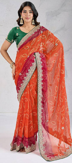 Orange color Saree in Georgette fabric with Bandhej, Embroidered, Printed work