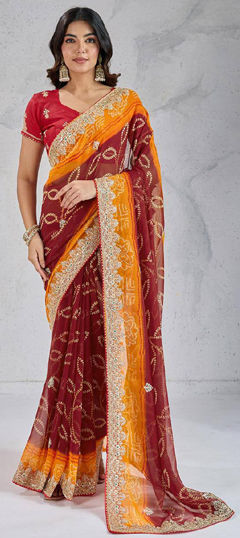Red and Maroon color Saree in Georgette fabric with Bandhej, Embroidered, Printed work