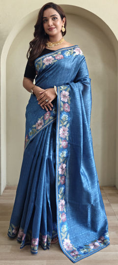 Blue color Saree in Tussar Silk fabric with Embroidered, Resham work