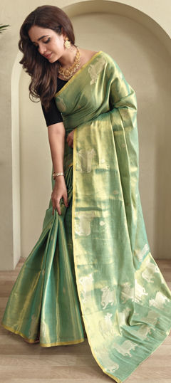 Green color Saree in Tissue fabric with Zari work