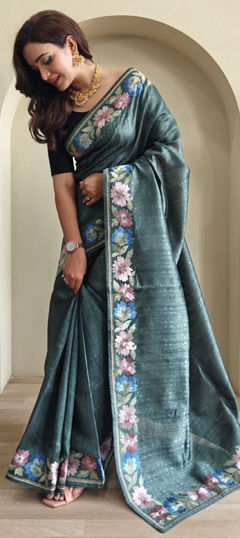 Blue color Saree in Tussar Silk fabric with Embroidered, Resham work