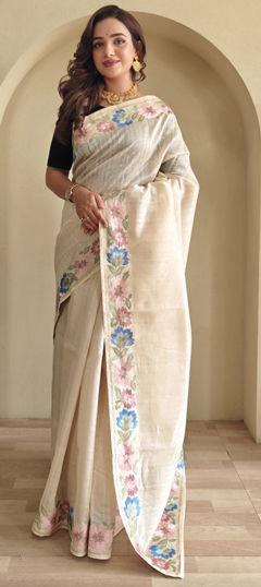 Beige and Brown color Saree in Tussar Silk fabric with Embroidered, Resham work