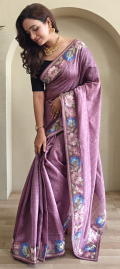 Purple and Violet color Saree in Tussar Silk fabric with Embroidered, Resham work