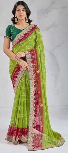 Green color Saree in Georgette fabric with Bandhej, Embroidered, Printed work