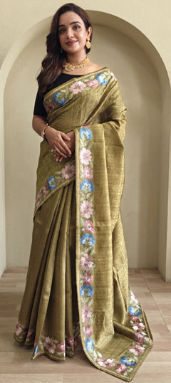 Gold color Saree in Tussar Silk fabric with Embroidered, Resham work
