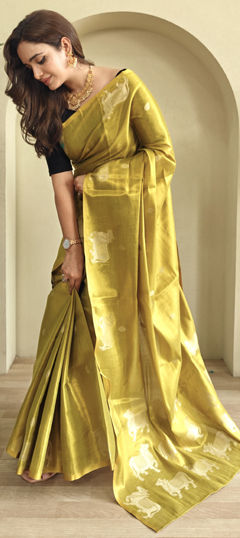 Gold color Saree in Tissue fabric with Zari work