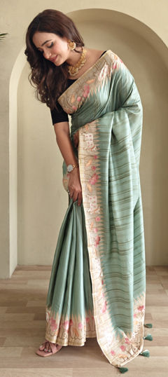 Green color Saree in Tussar Silk fabric with Floral, Printed work