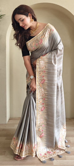 Black and Grey color Saree in Tussar Silk fabric with Floral, Printed work