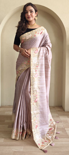 Pink and Majenta color Saree in Tussar Silk fabric with Floral, Printed work