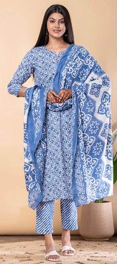 Blue color Salwar Kameez in Cotton fabric with Printed, Sequence, Zari work