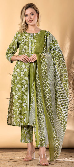 Green color Salwar Kameez in Poly cotton fabric with Lace, Printed work