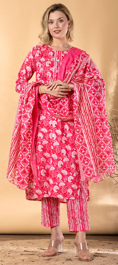Pink and Majenta color Salwar Kameez in Poly cotton fabric with Lace, Printed work