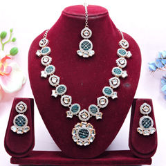 Gold Rodium Polish Green color Necklace in Metal Alloy studded with CZ Diamond