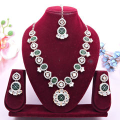 Gold Rodium Polish Green color Necklace in Metal Alloy studded with CZ Diamond