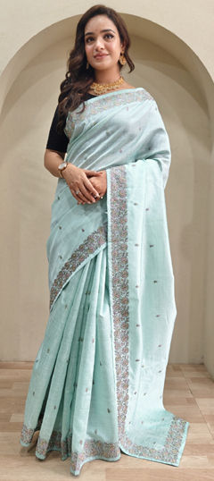 Blue color Saree in Tussar Silk fabric with Embroidered, Thread work