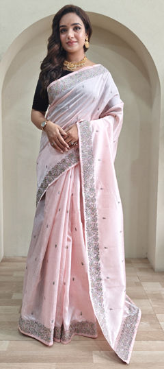 Pink and Majenta color Saree in Tussar Silk fabric with Embroidered, Thread work