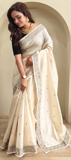 White and Off White color Saree in Tussar Silk fabric with Embroidered, Thread work