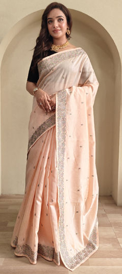 Pink and Majenta color Saree in Tussar Silk fabric with Embroidered, Thread work