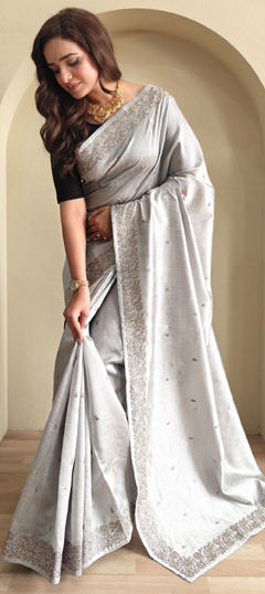 Black and Grey color Saree in Tussar Silk fabric with Embroidered, Thread work
