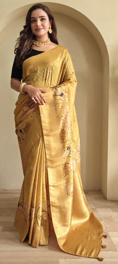 Beige and Brown color Saree in Viscose fabric with Printed, Weaving work