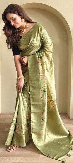 Green color Saree in Viscose fabric with Printed, Weaving work