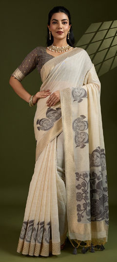 Beige and Brown color Saree in Cotton fabric with Printed work