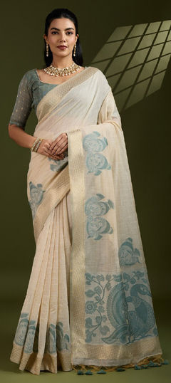 Beige and Brown color Saree in Cotton fabric with Printed work